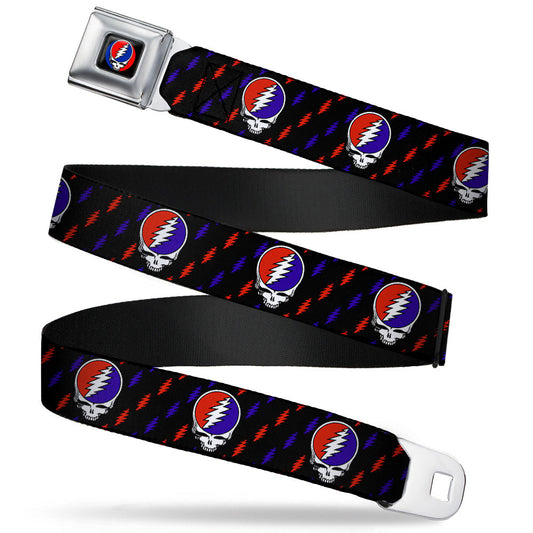 Steal Your Face Seatbelt Belt - Steal Your Face Repeat w/Mini Lightning Bolt Black/Red/White/Blue Webbing