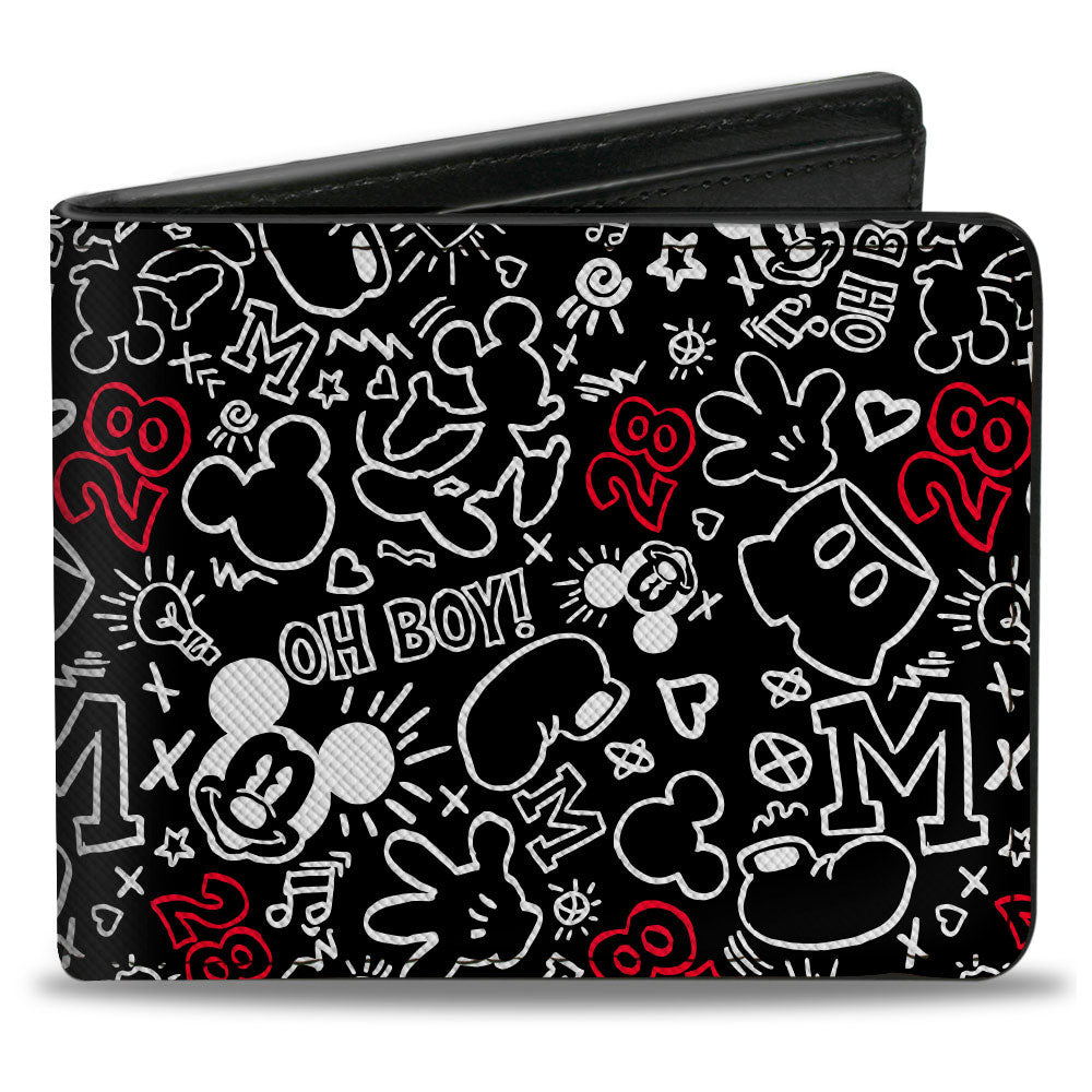 Bi-Fold Wallet - Mickey Mouse Icon Doodles Collage Black White Red