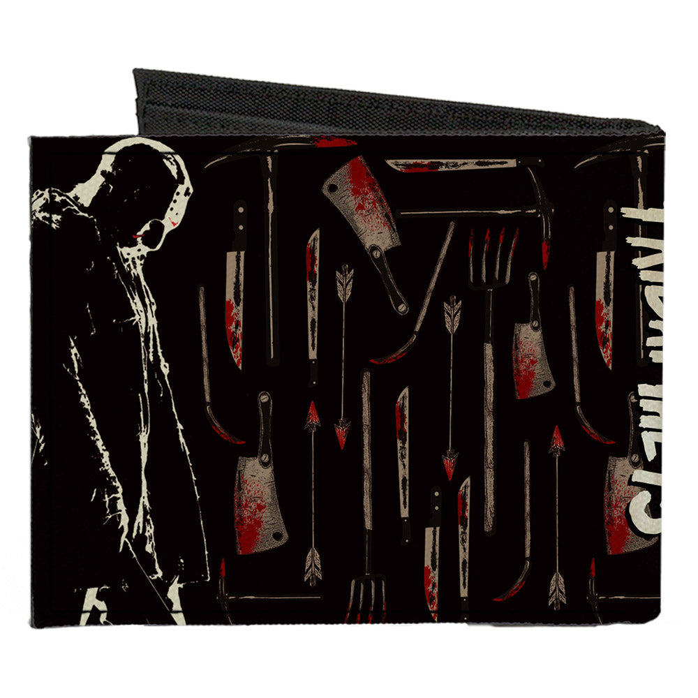 Canvas Bi-Fold Wallet - FRIDAY THE 13TH Jason Machete Pose Bloody Tools Black Grays Reds