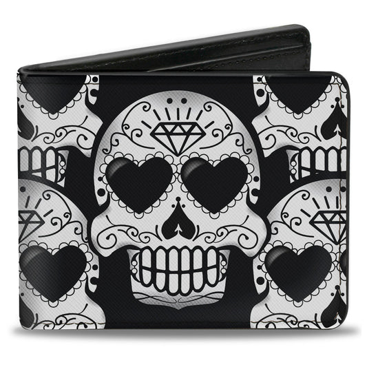 Bi-Fold Wallet - Diamond Sugar Skull Stacked Black Silver Fade White