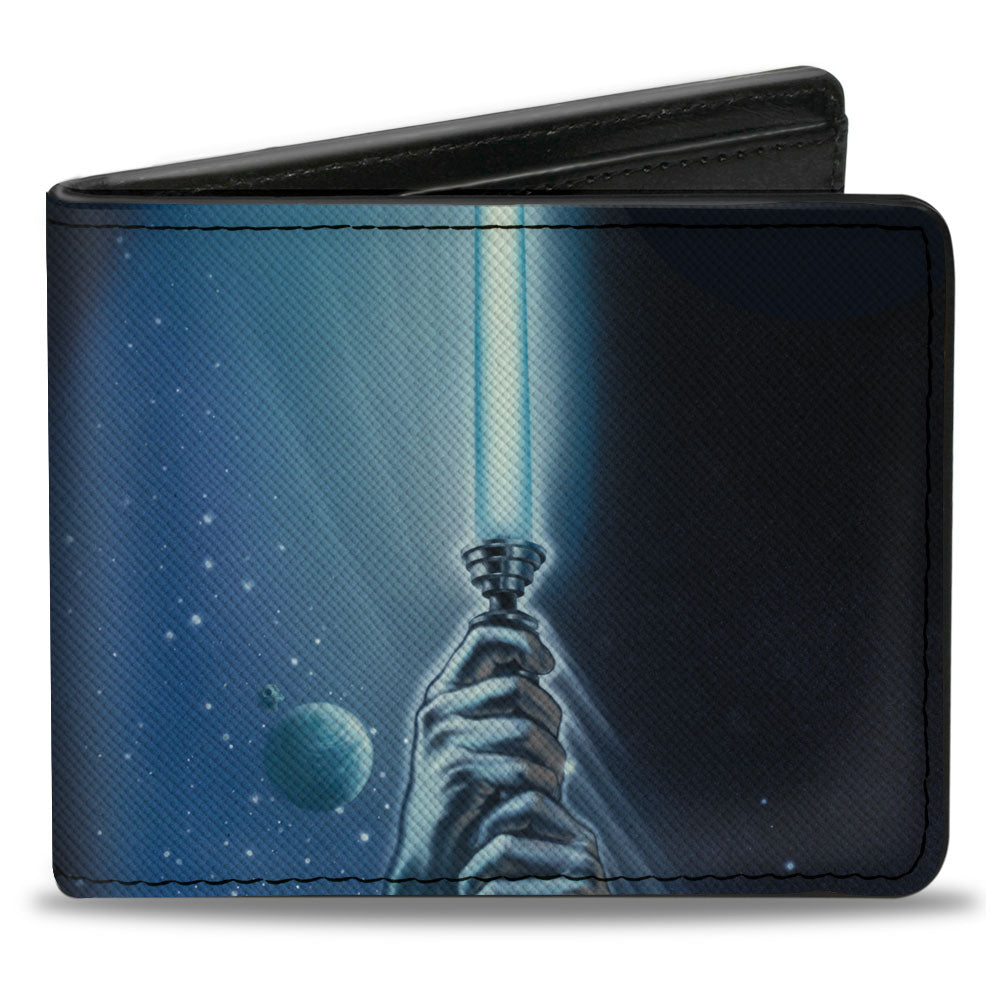 Bi-Fold Wallet - Star Wars Luke Holding Lightsaber + Character Collage Blues