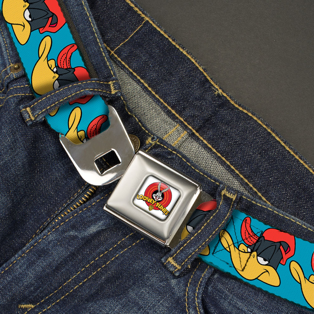 Looney Tunes Logo Full Color White Seatbelt Belt - Daffy Duck Hip Hop Expression Turquoise Webbing