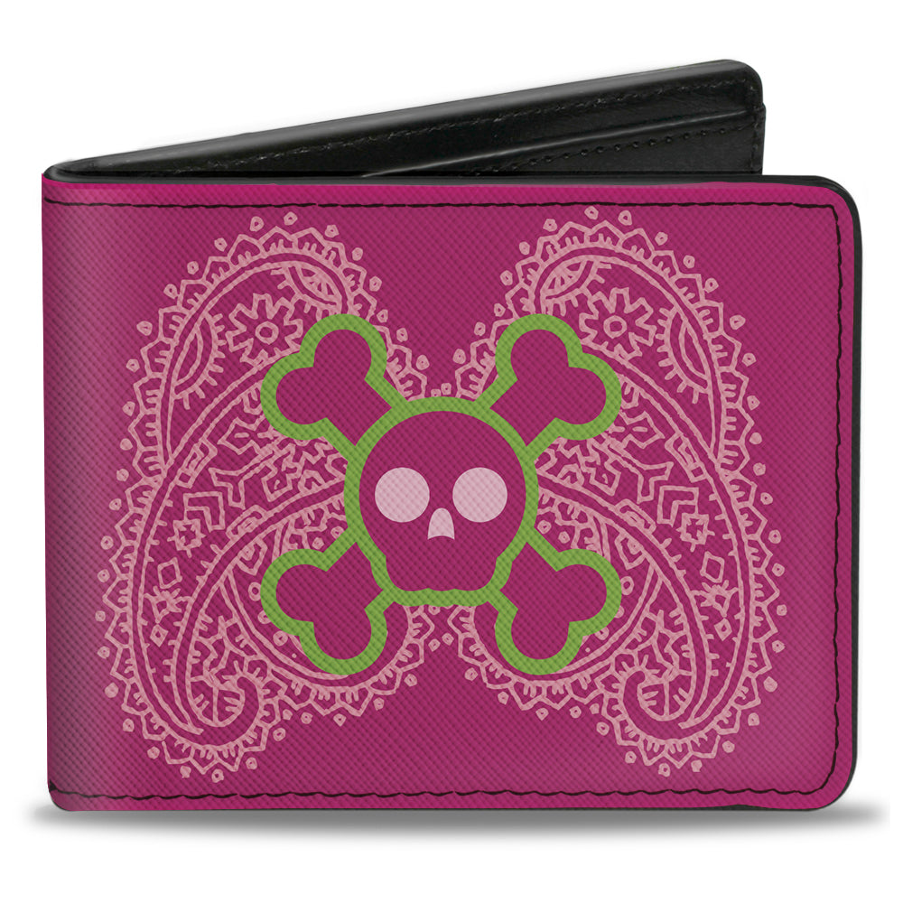 Bi-Fold Wallet - Cute Skulls w Paisley Purple Pink Green