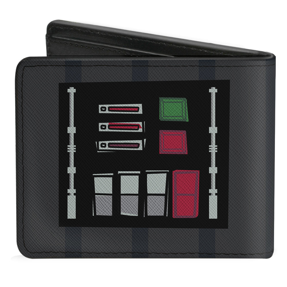 Bi-Fold Wallet - Star Wars Darth Vader Face + Chest Panel Buttons Black Grays Reds Greens