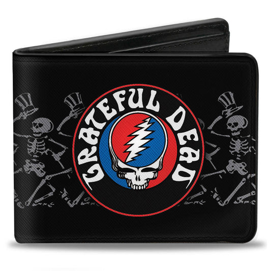 Bi-Fold Wallet - GRATEFUL DEAD Steal Your Face Logo Dancing Skeletons Black Gray Red White Blue