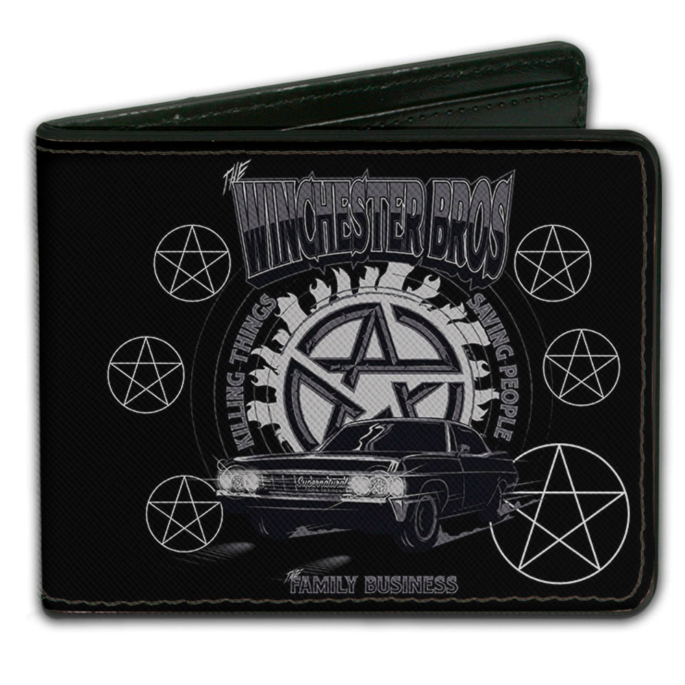 Bi-Fold Wallet - Supernatural THE WINCHESTER BROS Impala Pentagrams Scattered Black Grays White