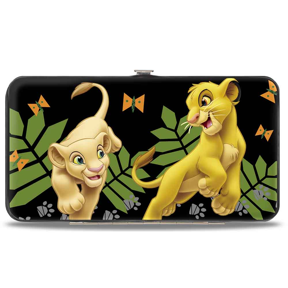 Hinged Wallet - The Lion King Young Simba & Nala Playing Pose + HAKUNA MATATA Leaves Butterflies Paws Black White Multi Color