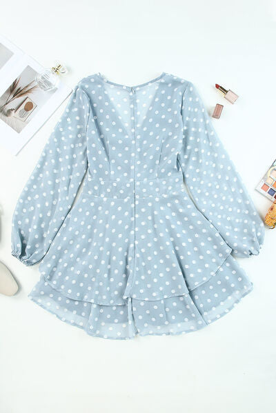 Tied Layered Polka Dot Balloon Sleeve Dress