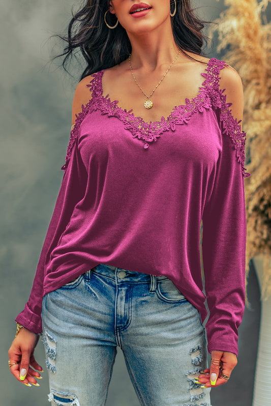 Lace Detail Cold Shoulder Long Sleeve T-Shirt