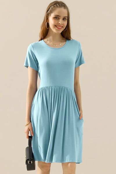 Ninexis Round Neck Ruched Dress with Pockets