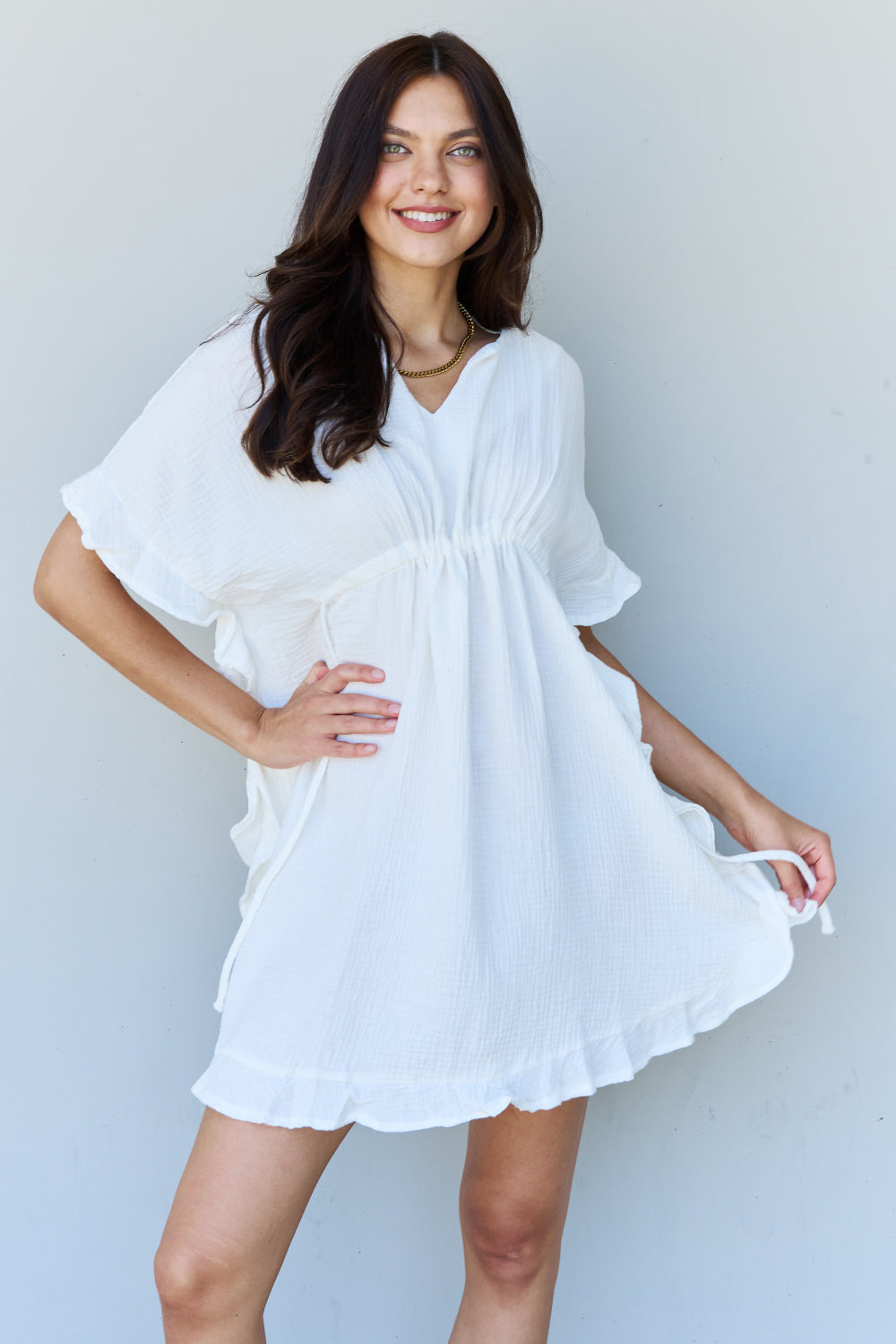 Ninexis Out Of Time Ruffle Hem Dress with Drawstring Waistband in White