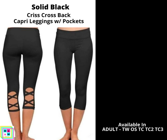 NEW Womens OS/TC/TC2 Black Capri Leggings, Solid Black Crop Pants