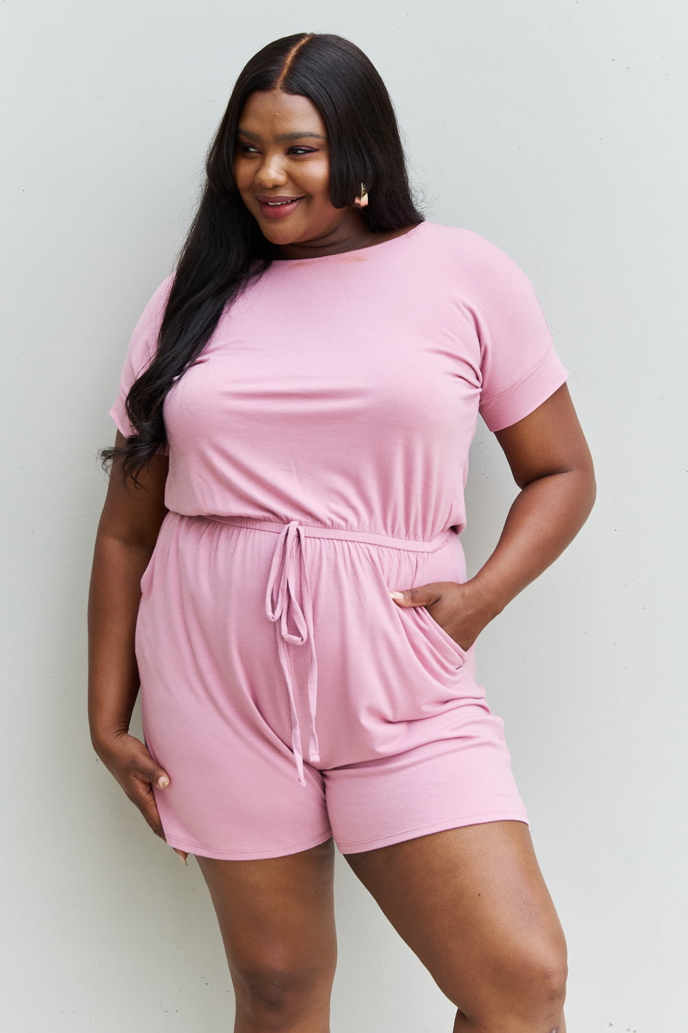 Zenana Chilled Out Short Sleeve Romper in Light Carnation Pink