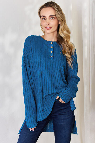 Basic Bae Ribbed Half Button Long Sleeve High-Low T-Shirt