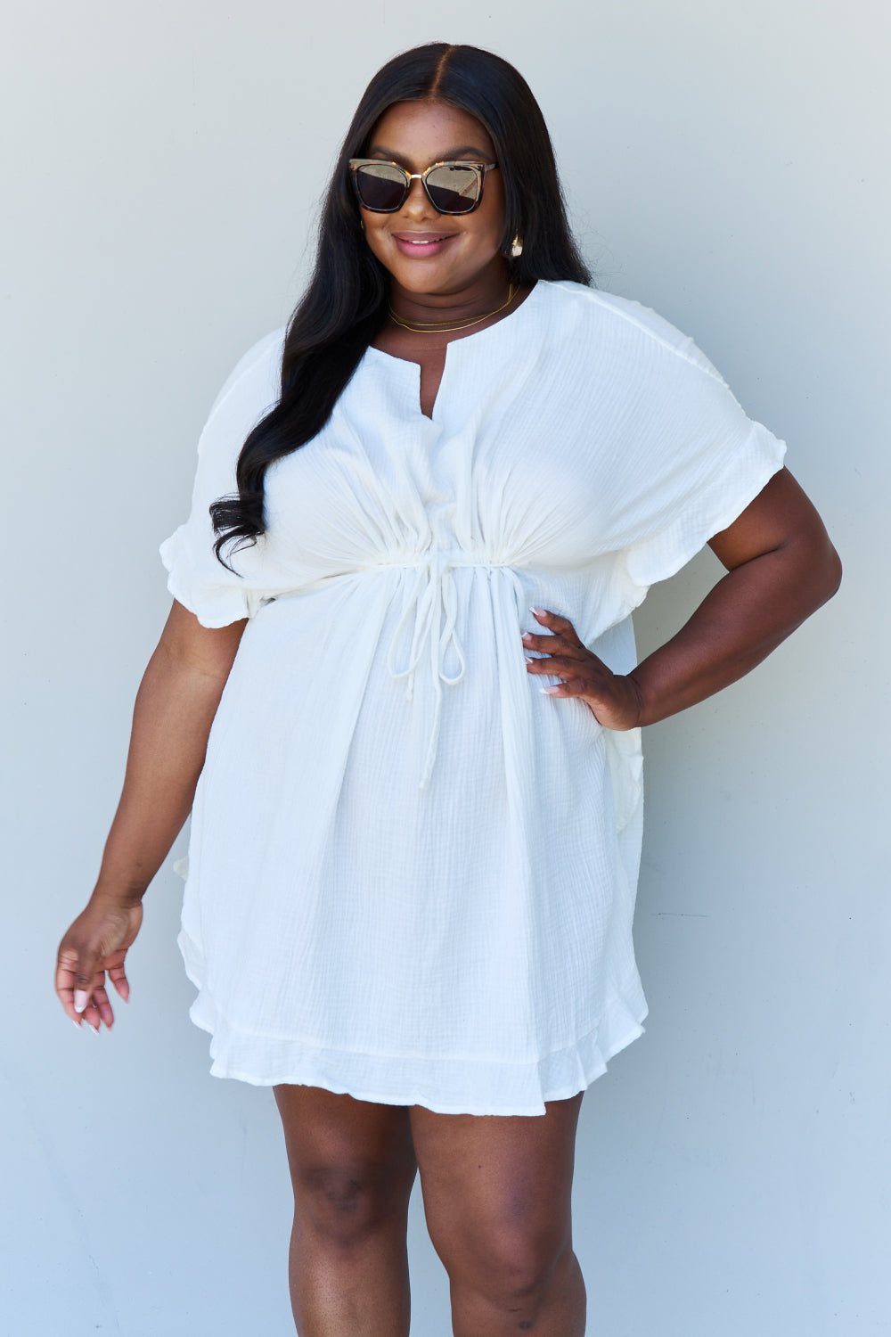 Ninexis Out Of Time Ruffle Hem Dress with Drawstring Waistband in White