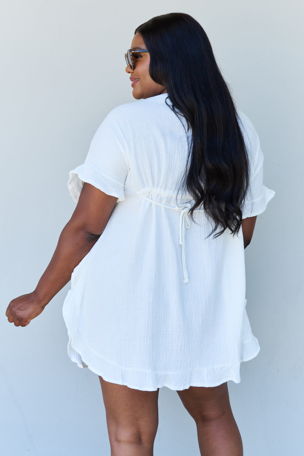 Ninexis Out Of Time Ruffle Hem Dress with Drawstring Waistband in White