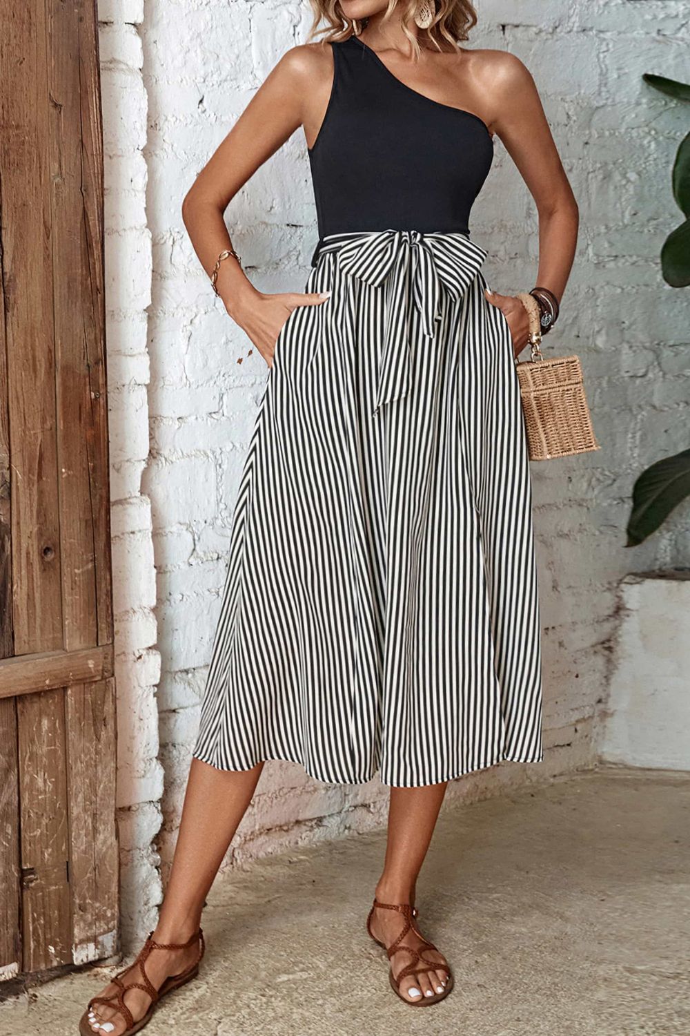 Bow Front Striped One-Shoulder Slit Dress