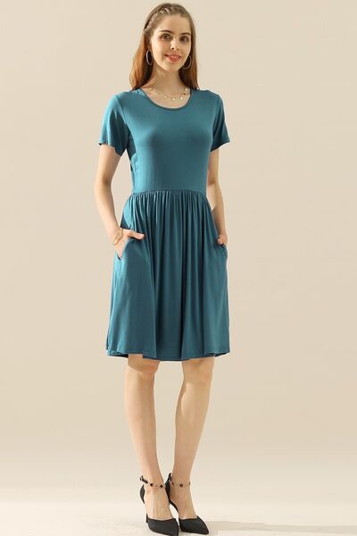 Ninexis Round Neck Ruched Dress with Pockets